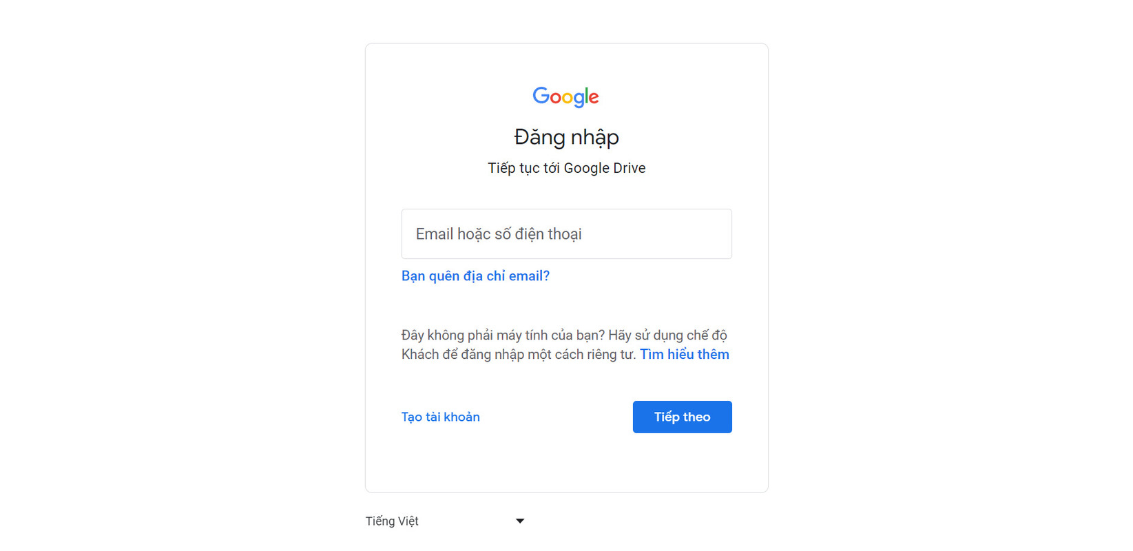 Click chọn nút “Tạo tài khoản” để có thể sử dụng Google Drive nếu bạn chưa có tài khoản nào  